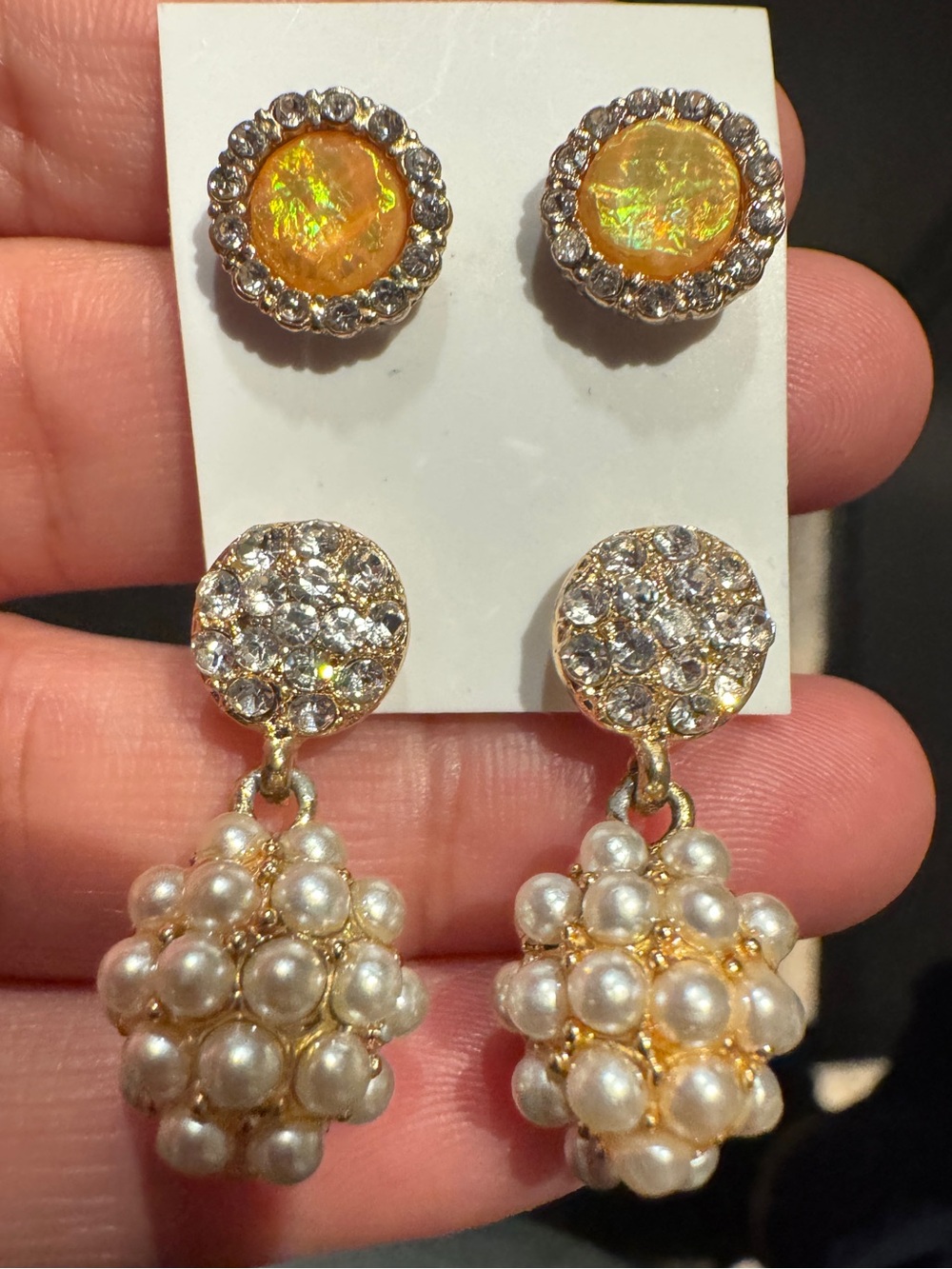 2 pairs Pearl Cluster Drop Earrings & Amber tone Crystal Stud Set